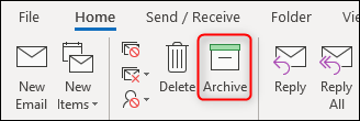O botão Arquivar na faixa do Outlook