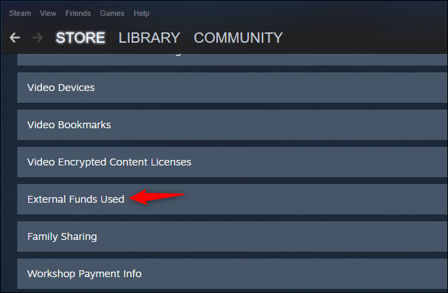 Clicar em "Fundos externos usados" no Steam.