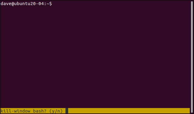 sessão tmux com uma barra de status âmbar e feche esta janela sim ou não prompt, em uma janela de terminal.