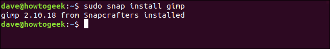 Uma mensagem "gimp 2.10.18 de Snapcrafters instalado" em uma janela de terminal.