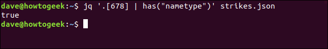O comando "jq '. [678] | has (" nametype ")' strikes.json" em uma janela de terminal.