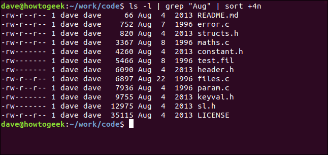 ls -l |  grep "agosto" |  classificar + 4n em uma janela de terminal