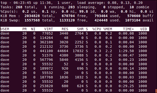 topo com a coluna UID exibida e definida como a coluna de classificação em uma janela de terminal.