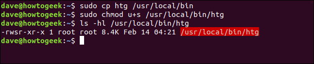 Os comandos "sudo cp htg," "/ usr / local / bin sudo chmod u + s / usr / local / bin / htg" e "ls -hl / usr / local / bin / htg" em uma janela de terminal.