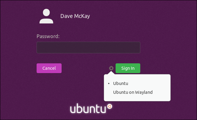Tela de entrada de senha com o menu Wayland ou Xorg exibido