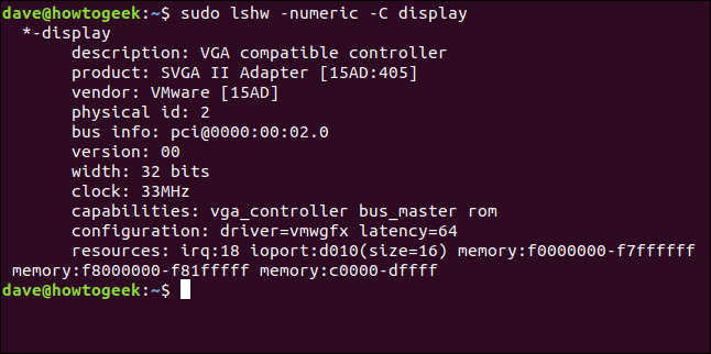 O comando "sudo lshw -numeric -C display" em uma janela de terminal.
