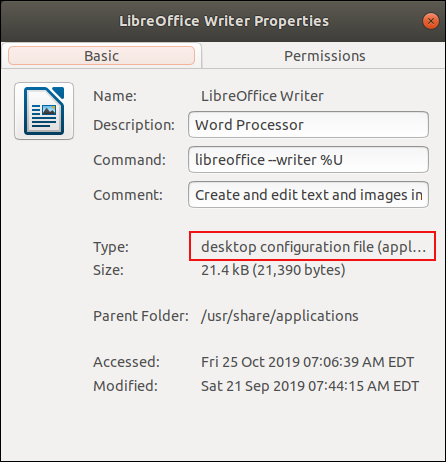 Diálogo de propriedades do arquivo .desktop do LibreOffice Writer.