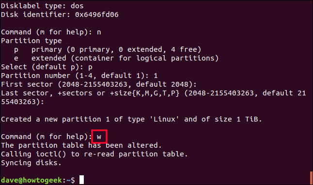 escrever as alterações do fdisk na unidade em uma janela de terminal