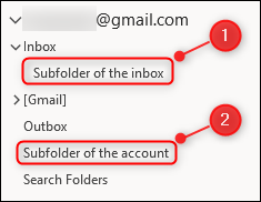 Clique com o botão direito na Caixa de entrada para criar uma nova subpasta.  Clique com o botão direito na conta de e-mail para criar uma pasta no mesmo nível da Caixa de entrada.
