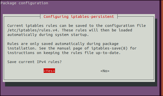 Pressione a barra de espaço para aceitar a opção "Sim" na tela iptables-persistent IPV4. 