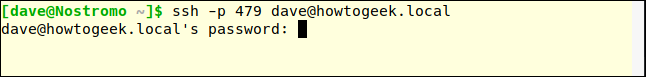 ssh -p 479 dave@howtogeek.local em uma janela de terminal