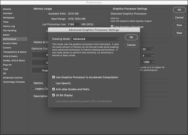 O menu "Configurações avançadas do processador gráfico" no Photoshop.