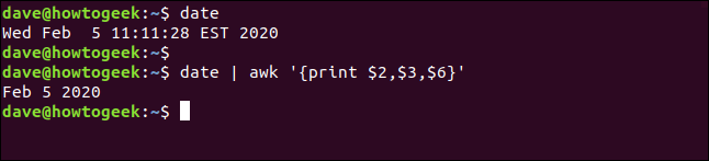 Os comandos "date" e "date | awk '{print $ 2, $ 3, $ 6}'" em uma janela de terminal.