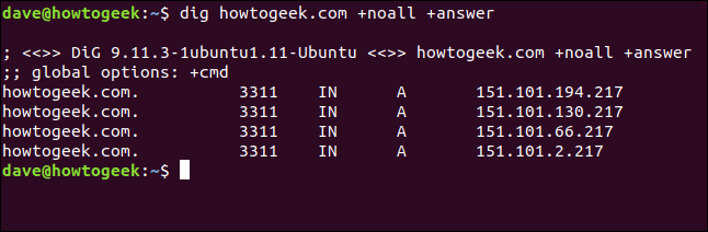 O comando "cavar howtogeek.com + noall + answer" em uma janela de terminal.