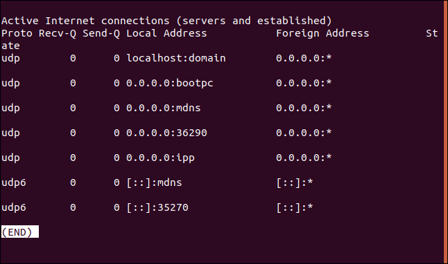 Saída de netstat -au |  menos em uma janela de terminal