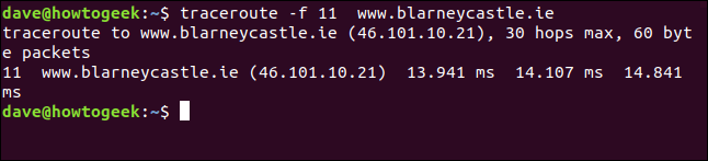 O comando "traceroute -f 11 blarneycastle.ie" em uma janela de terminal.