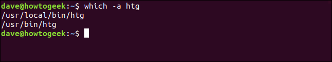 O comando "which -a htg" em uma janela de terminal.