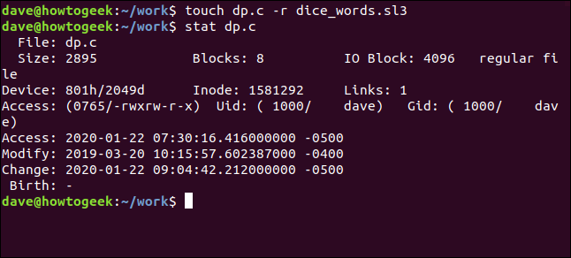 O comando "touch dp.c -r dice_words.sl3" em uma janela de terminal.