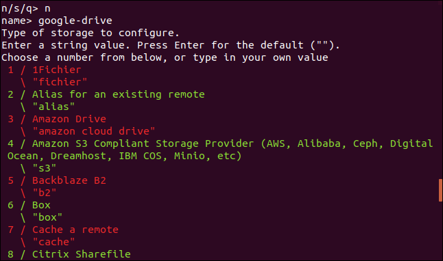 rclone menu de tipo de conexão remota em uma janela de terminal