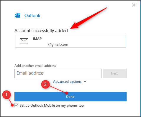 Página de "conta adicionada" do Outlook.