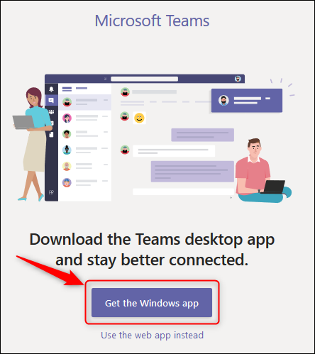 O botão "Obter o aplicativo do Windows" no Teams online.