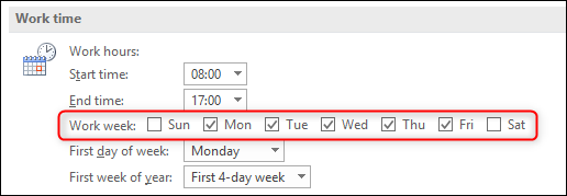 mude seus dias de trabalho em Arquivo> Opções> Calendário> Semana de trabalho