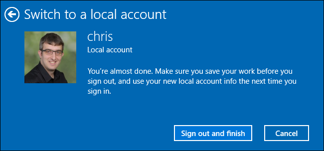 Saindo para converter uma conta da Microsoft em uma conta local no Windows 10.