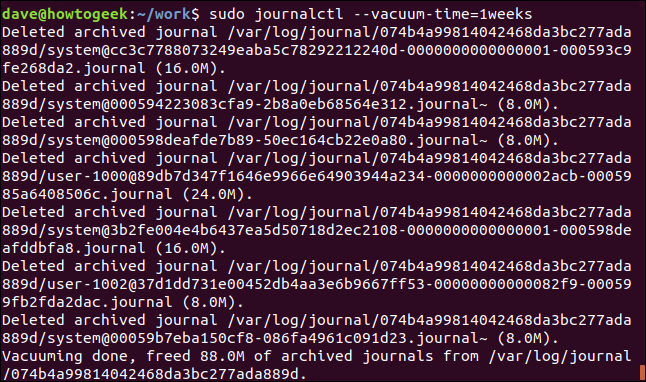 journalctl --vacuum-time = 1 semanas em uma janela de terminal