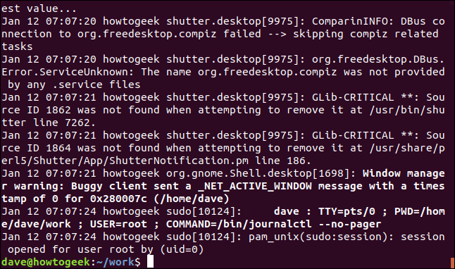 saída de sudo journalctl --no-pager em uma janela de terminal