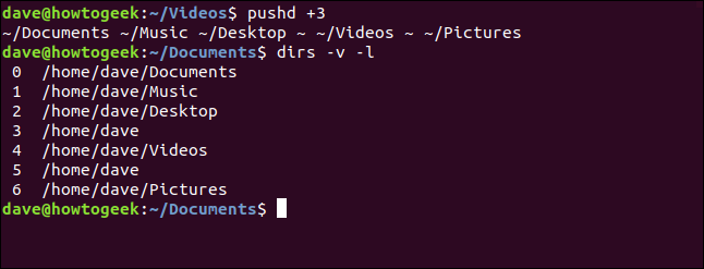 O comando "pushd +3" em uma janela de terminal.