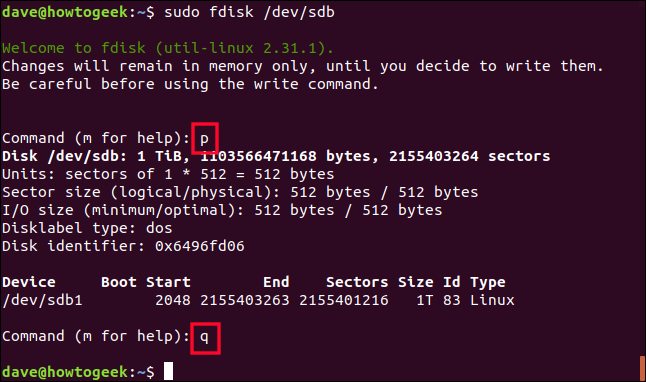 sudo fdisk / dev / sdb em uma janela de terminal