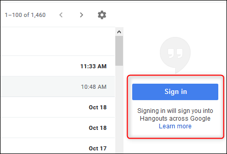 A seção Google Hangouts à direita no aplicativo Gmail.