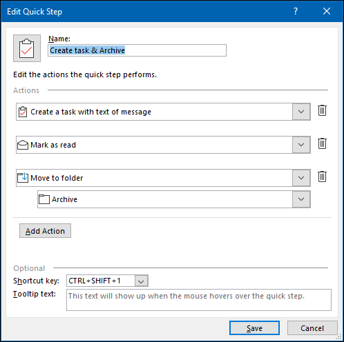 O painel "Editar Etapa Rápida" do Outlook.