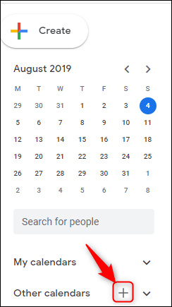 Seção "Outros calendários" do Google com "adicionar calendário" destacado.