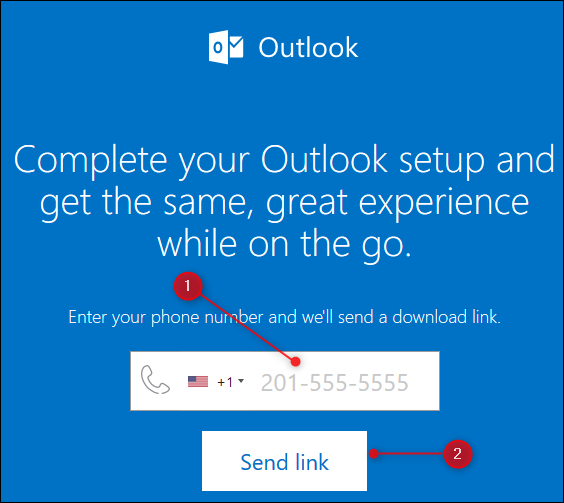 A página da web do Outlook que envia um link para o aplicativo móvel Outlook.