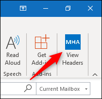 O botão "Exibir cabeçalhos" na faixa do Outlook.