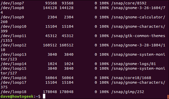 Os sistemas de arquivos SquashFS foram listados em uma janela de terminal.