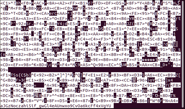 Conteúdo de um arquivo de texto criptografado em menos em uma janela de terminal.