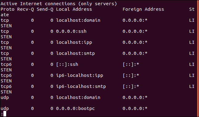 Saída de netstat -l |  menos em uma janela de terminal