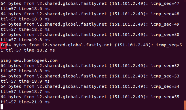 Comando fg misturado com a saída de ping em uma janela de terminal