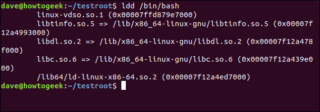 Dependências Bash listadas em uma janela de terminal