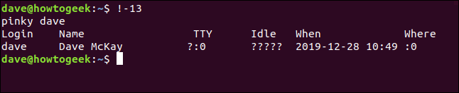 Um comando "! -13" em uma janela de terminal.