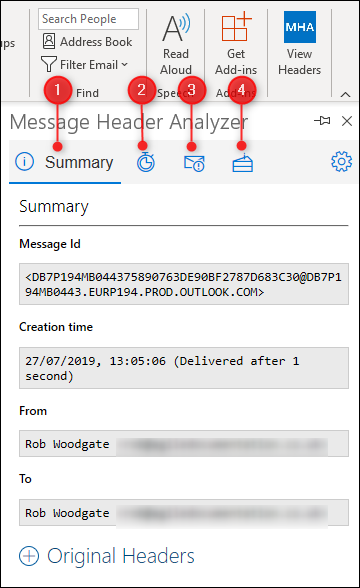 A janela "Message Header Analyzer" com as diferentes opções destacadas.