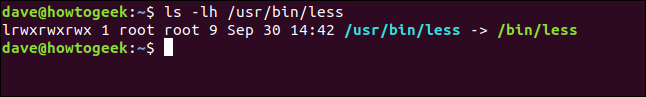 O comando "ls -lh / usr / bin / less" em uma janela de terminal.