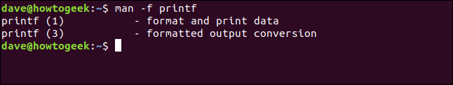 O comando "man -f printf" em uma janela de terminal.