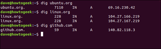 "dig ubuntu.org," "dig linux.org," e "dig github.com" em uma janela de terminal.