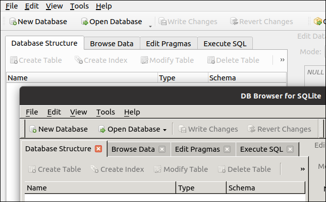 Duas versões do DB Browser para SQLite rodando no GNOME.