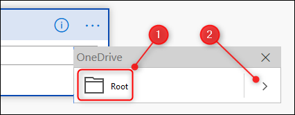 A pasta raiz do OneDrive e a seta para navegar nas pastas