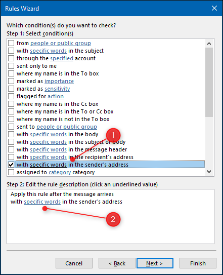 Clique na caixa de seleção "Com palavras específicas no endereço do remetente" e, em seguida, clique em "Palavras específicas".