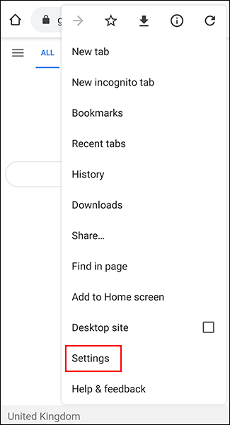 No menu de hambúrguer do Chrome, toque em configurações